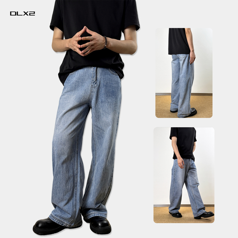Dlx2 American-Style Ice Blue High Street Cleanfit Pants for Men and Women, Vintage Washed Straight Loose Jeans