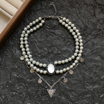 Gray pearl stacked coin tassel choker necklace for women