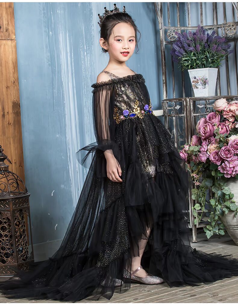 Trẻ em catwalk ăn mặc cô gái quần áo thủy triều trẻ em lớn mô hình cho thấy cô bé màu đen dấu vết trang phục piano cao cấp - Váy trẻ em shop thời trang trẻ em