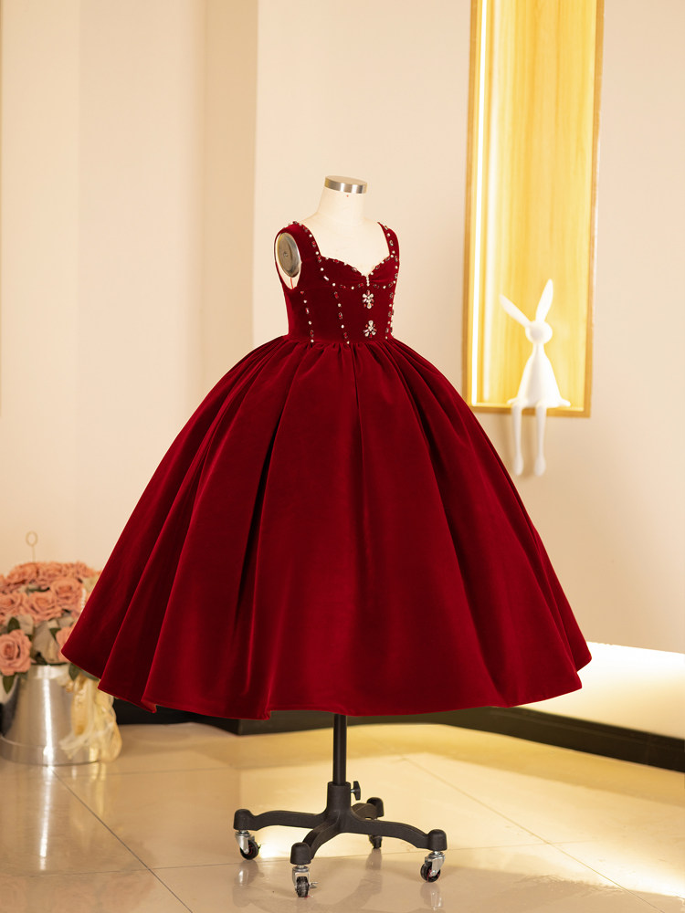 Girls' Dress, Light Luxury, Niche, High-End Flower Girl Wedding Red Princess Dress, Autumn and Winter Velvet Host Piano Performance Dress