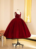 Girls' Dress, Light Luxury, Niche, High-End Flower Girl Wedding Red Princess Dress, Autumn and Winter Velvet Host Piano Performance Dress