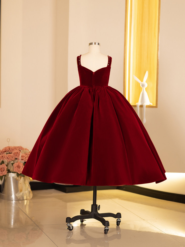 Girls' Dress, Light Luxury, Niche, High-End Flower Girl Wedding Red Princess Dress, Autumn and Winter Velvet Host Piano Performance Dress