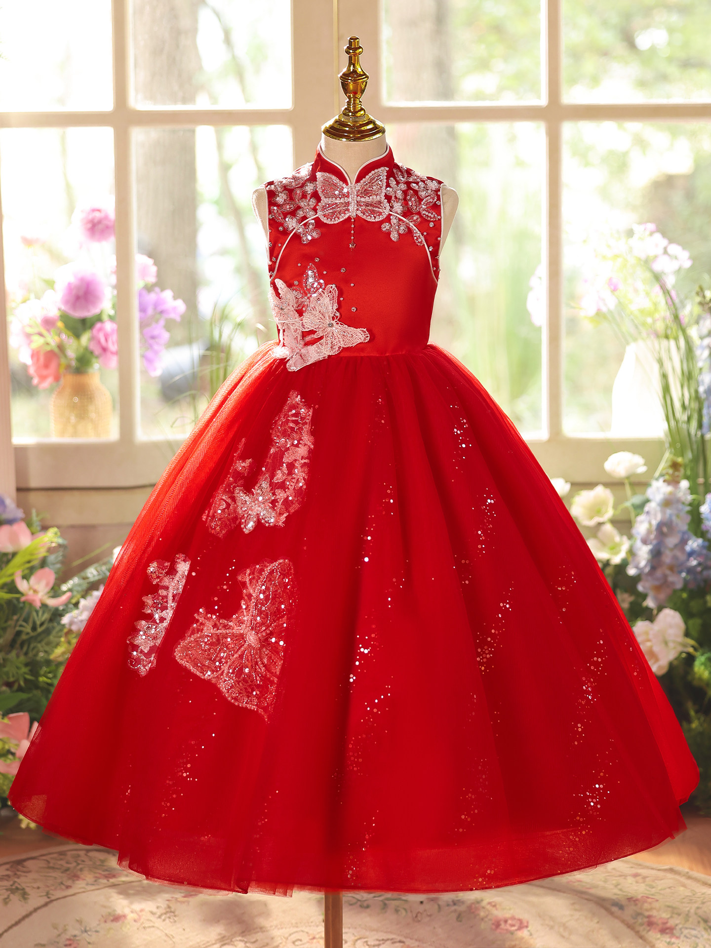 Yinmanqi Children's Dress New Style Girls' Heavy Embroidery Chinese Style Performance Dress Host Red Evening Dress