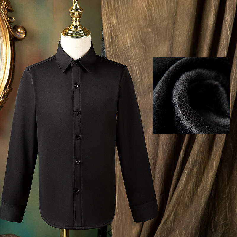 Boys' Suit Shirt Long Sleeve 2025 New Winter Children's White Shirt Big Kids Base Layer Black Fleece Thickened