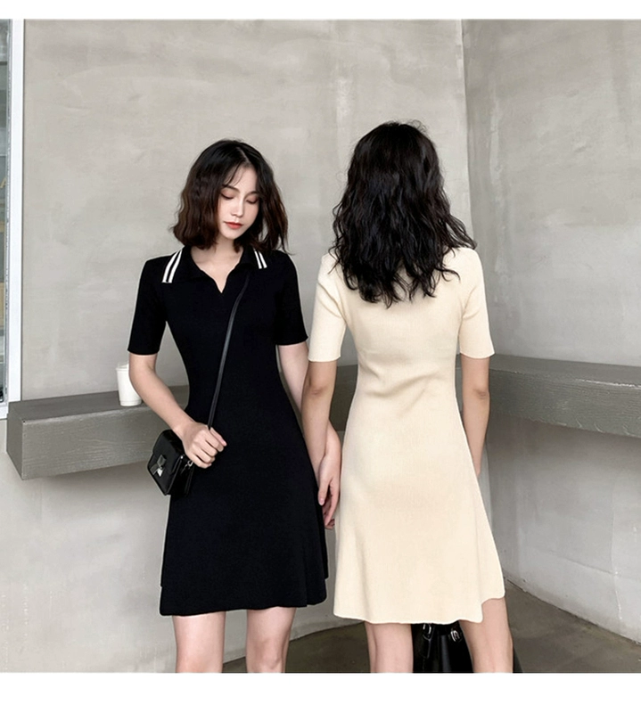 Xuân 2019 Phụ nữ đầm nữ phiên bản Hàn Quốc của cổ áo polo Váy dệt kim ngắn tay Slim eo cao khí chất váy nữ - Váy eo cao