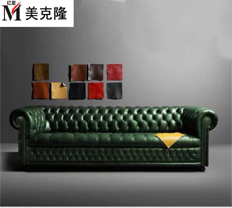 American designer dark green oil wax leather sofa European neoclassical retro first layer cowhide three-person sofa combination