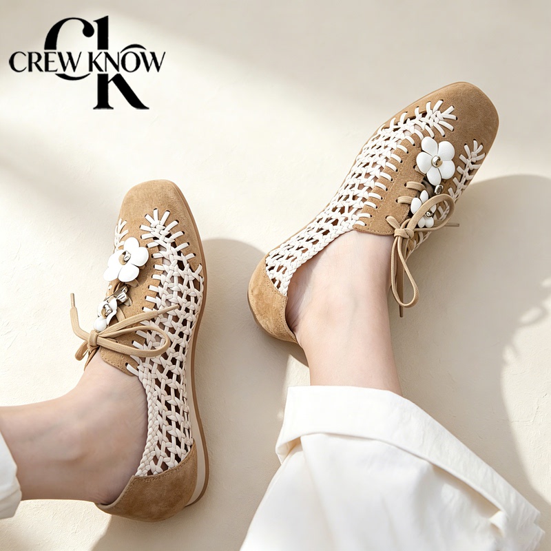 Hong Kong Crewknow Brand Women's Shoes Genuine Leather Woven Hollow Fisherman Shoes 2026 New Japanese Style Versatile Ballet Shoes