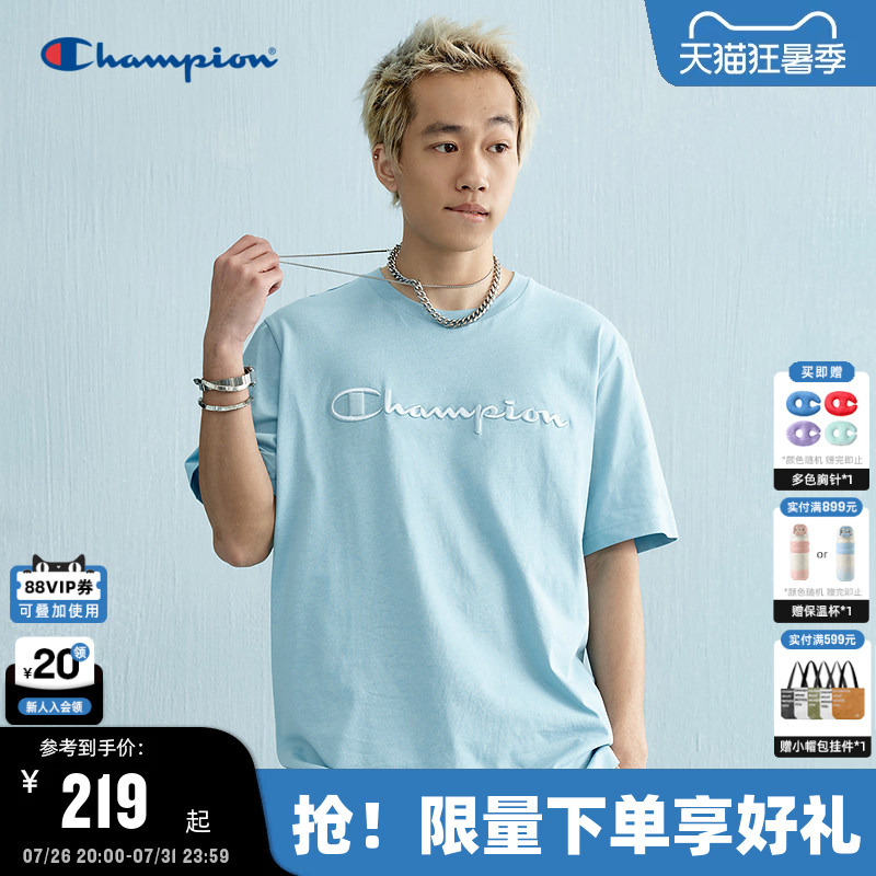 Champion Pure Cotton Couple Short-Sleeve T-Shirt for Men, New Summer Style with 3D Embroidery, American-Style Crew Neck, Trendy Brand for Women Champion Pure Cotton Couple Short-Sleeve T-Shirt for Men, New Summer Style with 3D Embroidery, American-Style Crew Neck, Trendy Brand for Women