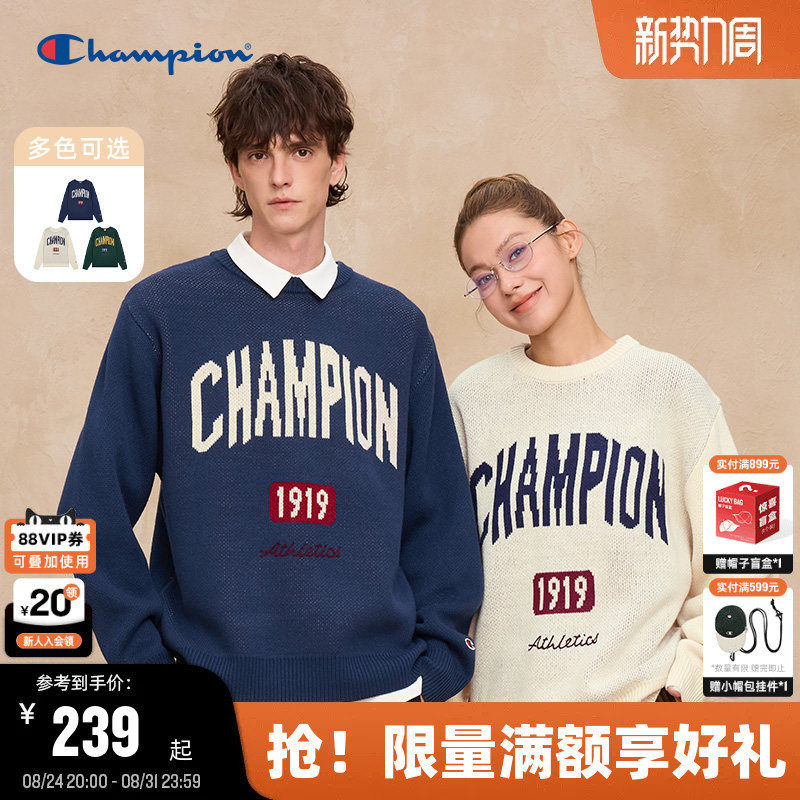 Champion Knitwear Men's Autumn Fashion Long-Sleeved Crew Neck Sweater Women's American Retro Preppy Style Trendy Brand