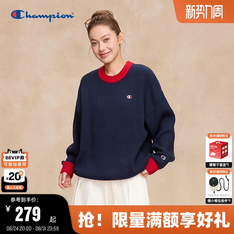Champion Men's Sweater, New Autumn Style, Mixed Color Patchwork, Round Neck Knitwear, Warm, American College Style Trend Champion Men's Sweater, New Autumn Style, Mixed Color Patchwork, Round Neck Knitwear, Warm, American College Style Trend