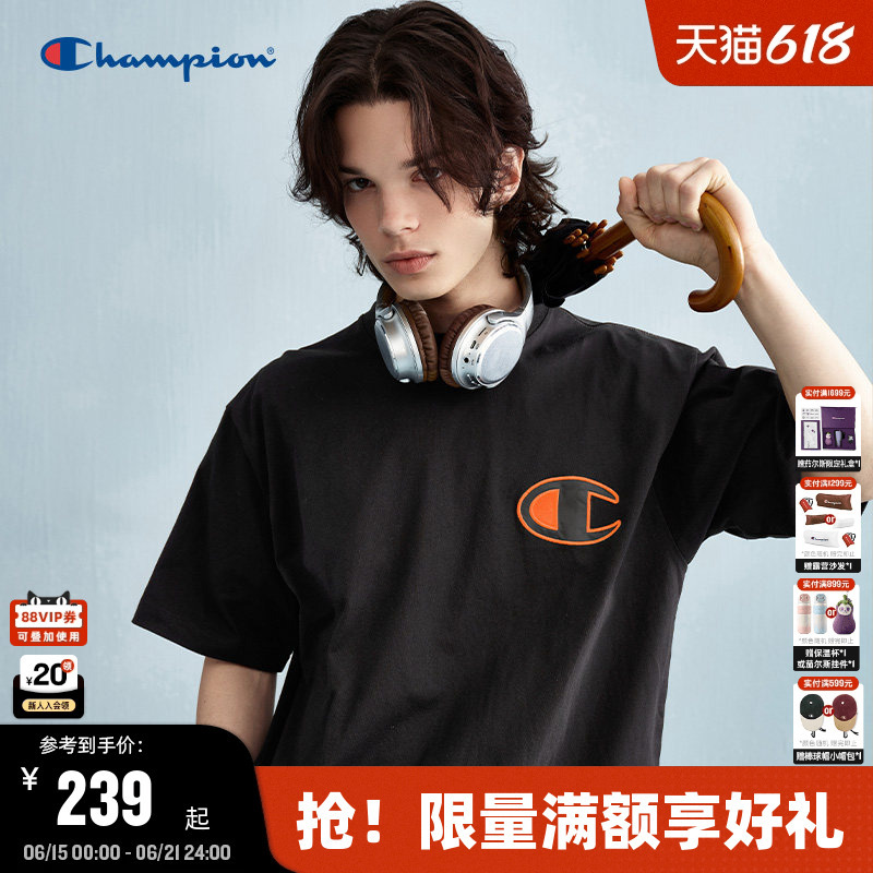 Champion Short-Sleeved Summer New Casual Round-Neck Embroidered Men's Pure Cotton T-Shirt American Style Trendy Women's Loose Fit