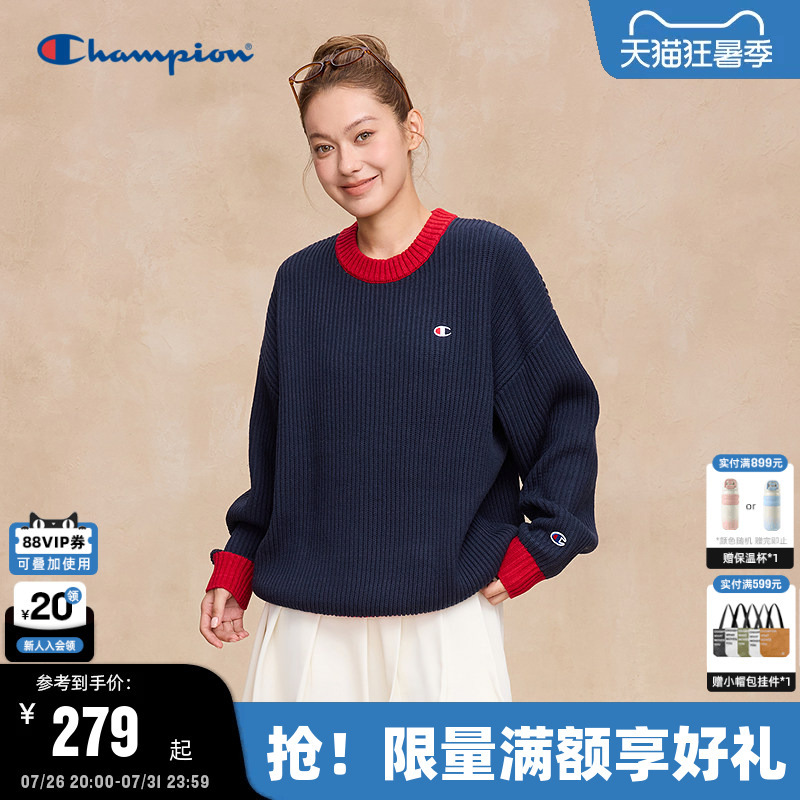 Champion Men's Sweater 2025 Autumn New Mixed Color Patchwork Crew Neck Knitwear Warm American Style
