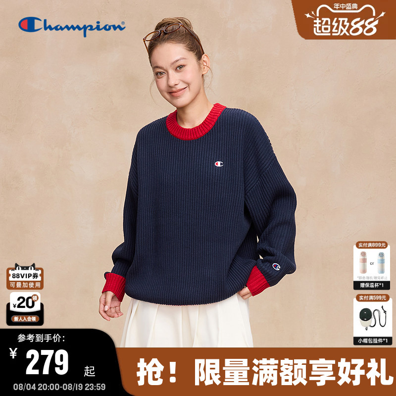 Champion Men's Sweater, New Autumn Style, Mixed Color Patchwork, Round Neck Knitwear, Warm, American College Style Trend
