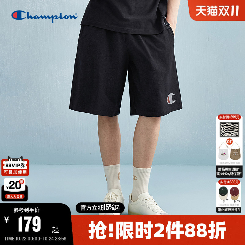 Champion Men's Summer Cotton Shorts Trendy Black Five-Point Shorts Casual Loose American Style