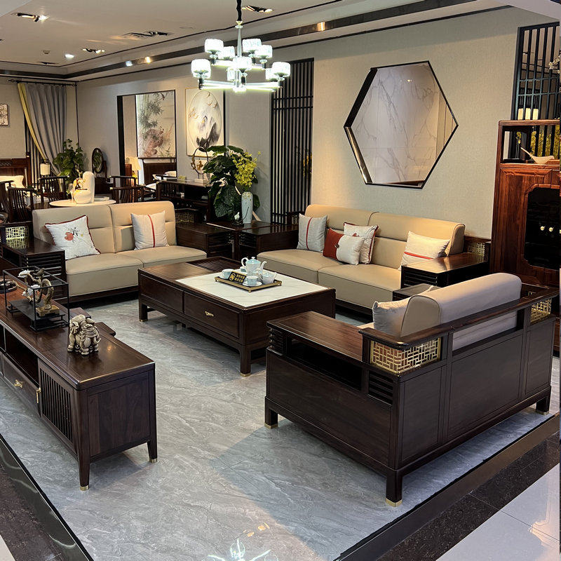 New Chinese style solid wood sofa living room simple modern light luxury leather sofa home high-end ebony wood villa furniture