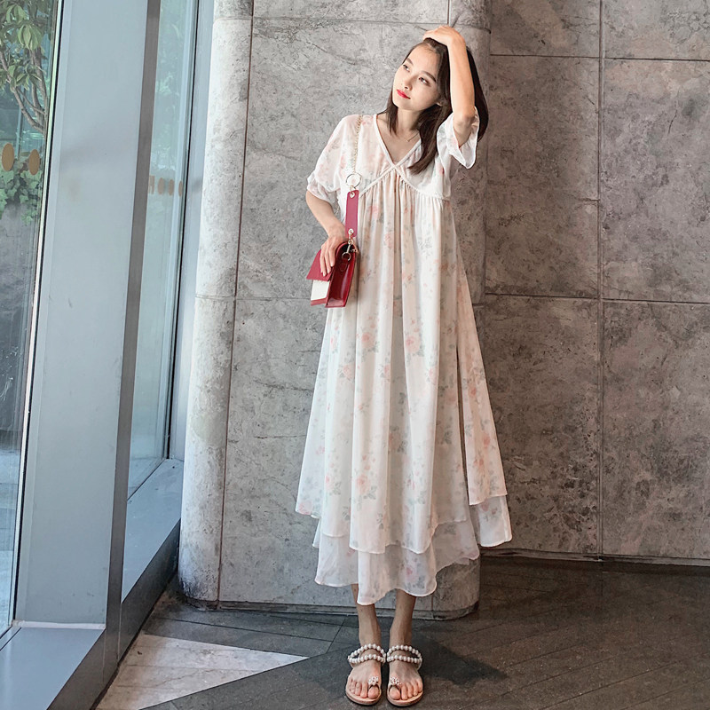 Maternity dress Summer long fairy loose fashion printing net red personality summer chiffon skirt mom tide