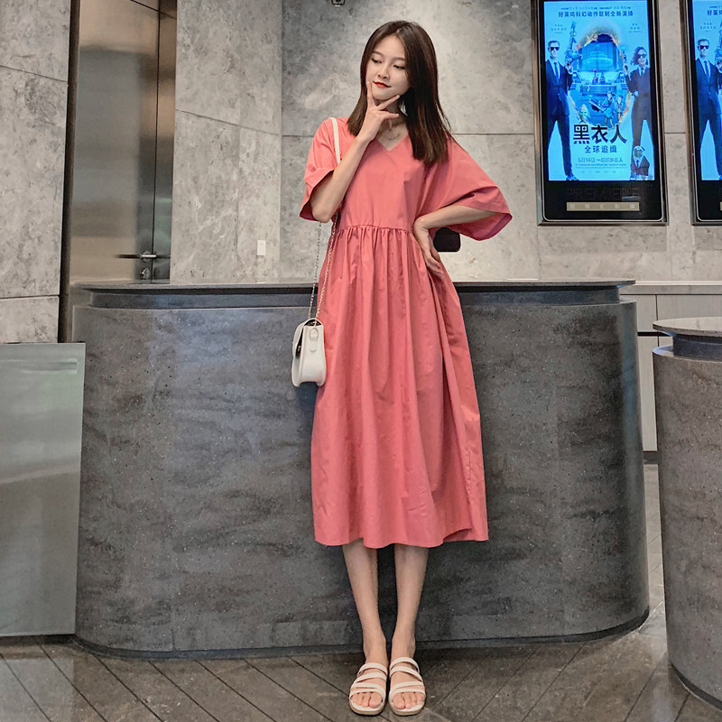 Maternity summer dress long over-the-knee fashion models loose large size thin v-neck summer cotton skirt tide mother