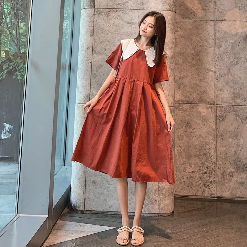 Pregnant Woman Summer Dress Ocean Dress Long Version Over Knee Loose Fashion Dolls Collar Pure Cotton Summer Super Fairy slim Slim Skirt Tide