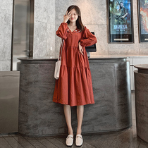 Pregnant women autumn dress 2021 new medium-long loose fashion large size thin doll collar pure cotton skirt tide