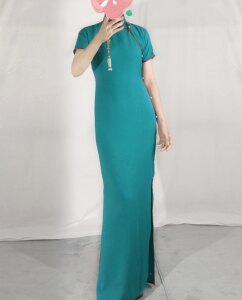 【Xiaolan】Original Floor-Length Cheongsam, Slim Fit, Short Sleeves, Full Placket, Elegant, Height-Enhancing, Complexion-Brightening Cheongsam