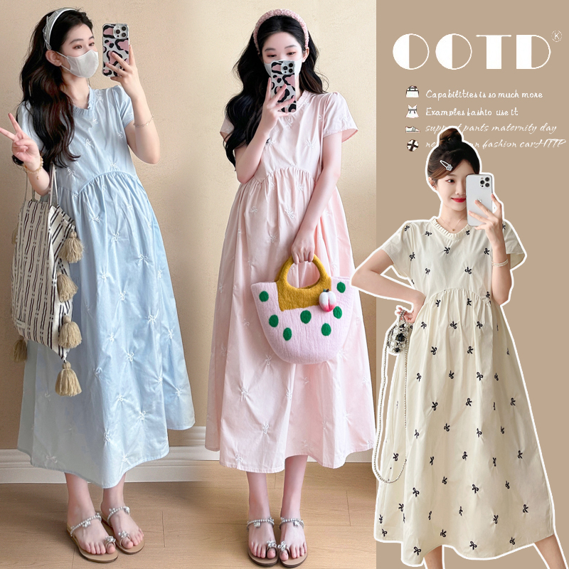 Pregnant Mother 2026 Summer New Stylish and Elegant Belly-Covering Slimming Maternity Dress with Butterfly Embroidery and Pleated Collar
