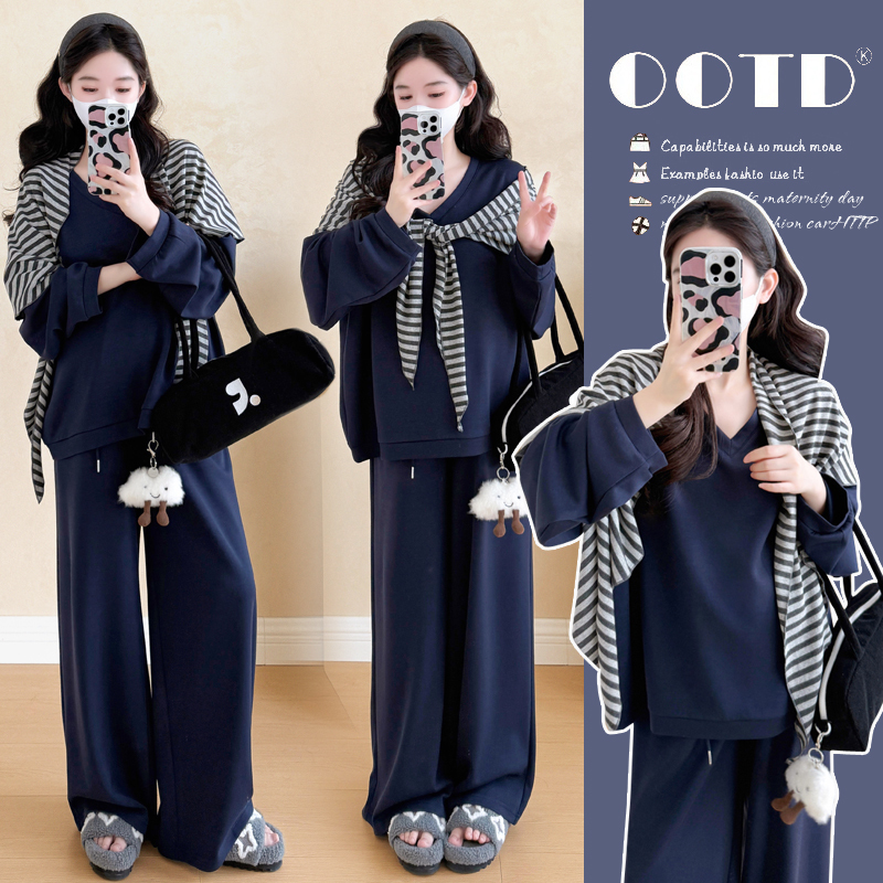 Maternity Wear Autumn New Korean Style Striped Shawl Set, High-End Loose-Fitting Stylish Sweatshirt Casual Three-Piece Set