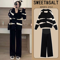 Maternity wear autumn suit fashionable top new trendy striped knitted sweater spring and autumn warm two-piece set