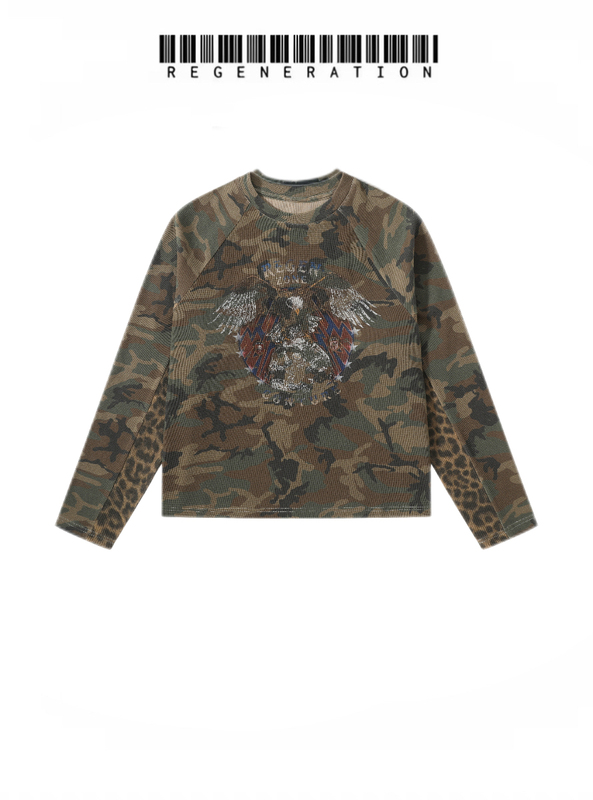 Regen Zone 26Fw Camouflage Eagle Claw Skull Patchwork Leopard Print Washed Long Sleeve