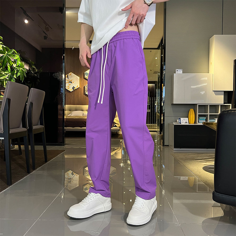 Purple Ice Silk Casual Pants for Men 2026 Summer Thin Quick-Dry Sports Pants Trendy Fashion Loose Straight Long Pants