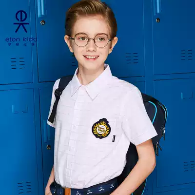 Eaton Gide primary and secondary school uniforms boys blue red square white short sleeve shirt summer shirt 12C152