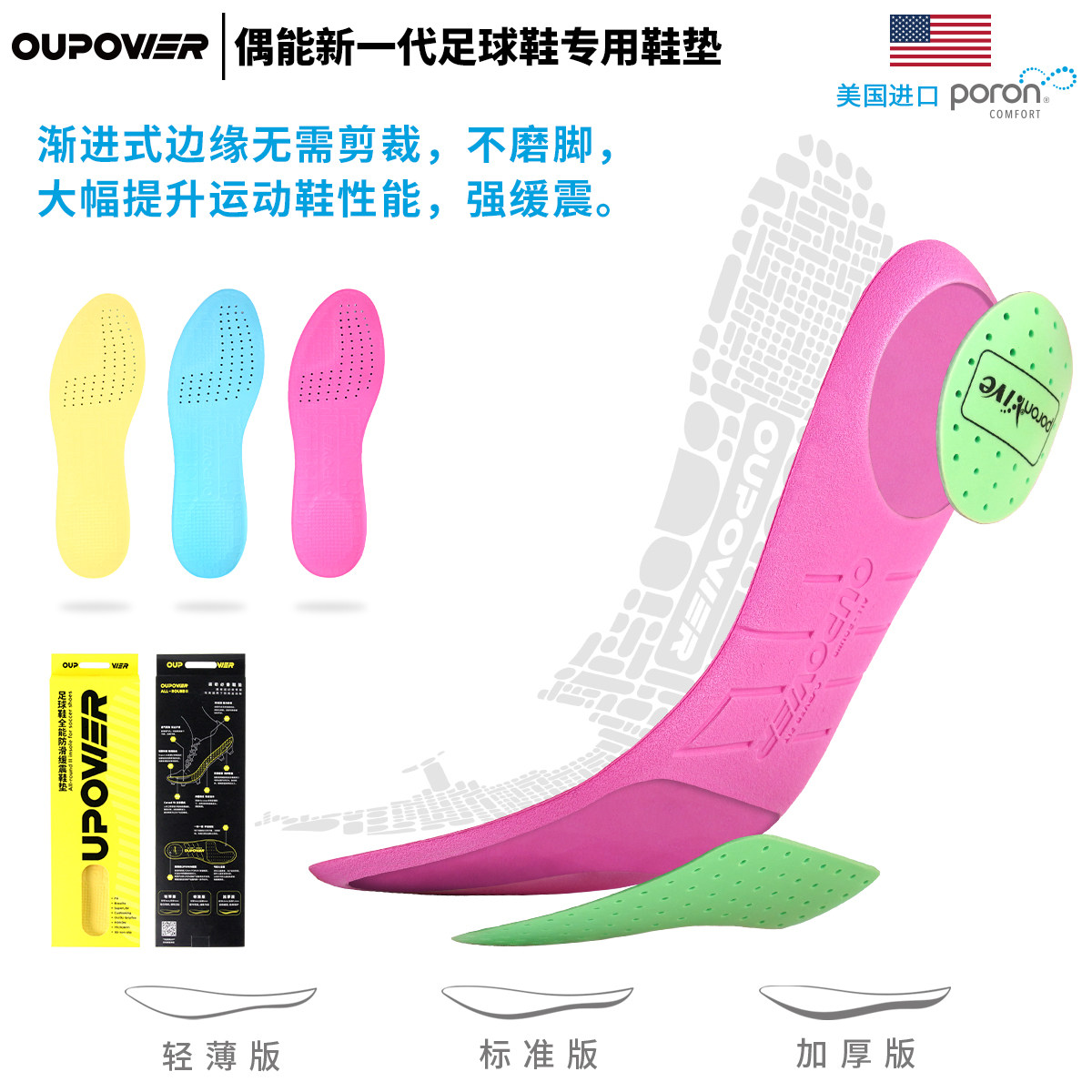 OUPOWER Occasionally Anti-Slip Deodorant Professional Sports Football Shoes Insole Shock Absorbing cushioning Wear Poron Vive