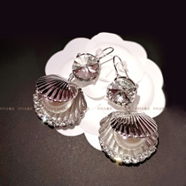 (Seiko)ins pompous net red with shell pearl crystal diamond earrings Copper gold plated scallop fairy earrings