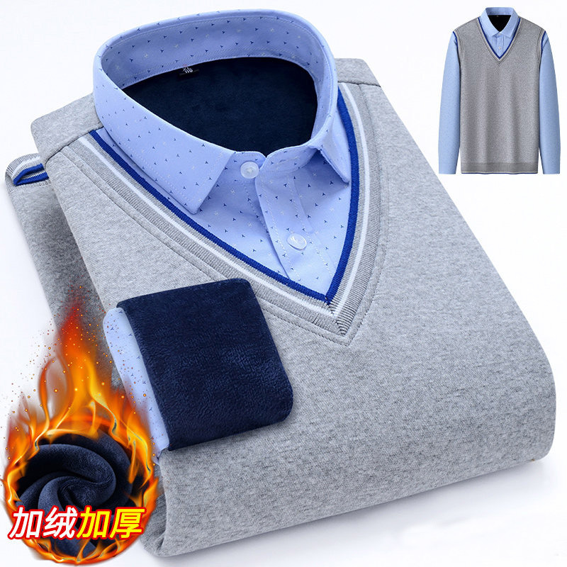 Paul Men's Thermal Shirt, Faux Two-Piece, Youth Style, Fleece-Lined, Thickened Shirt with Collar, Knit Sweater, Middle-Aged Dad's Sweater