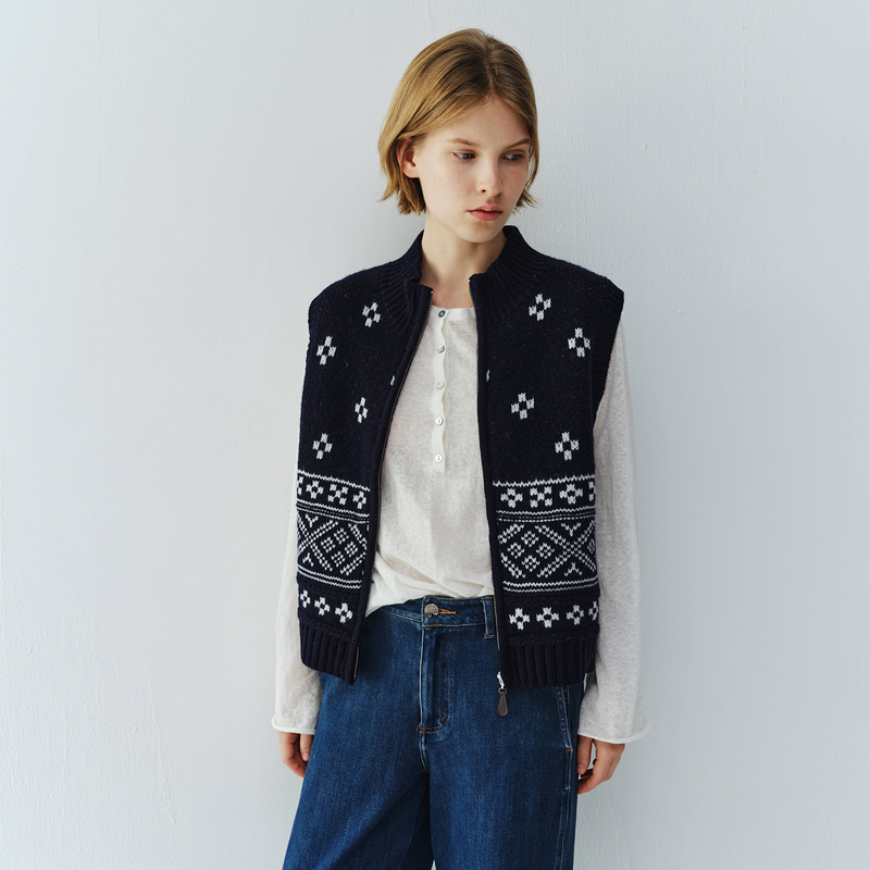 Sylene Wool Blend Jacquard Zip-Up Snowflake Fair Isle Vest Sweater Sylene Wool Blend Jacquard Zip-Up Snowflake Fair Isle Vest Sweater