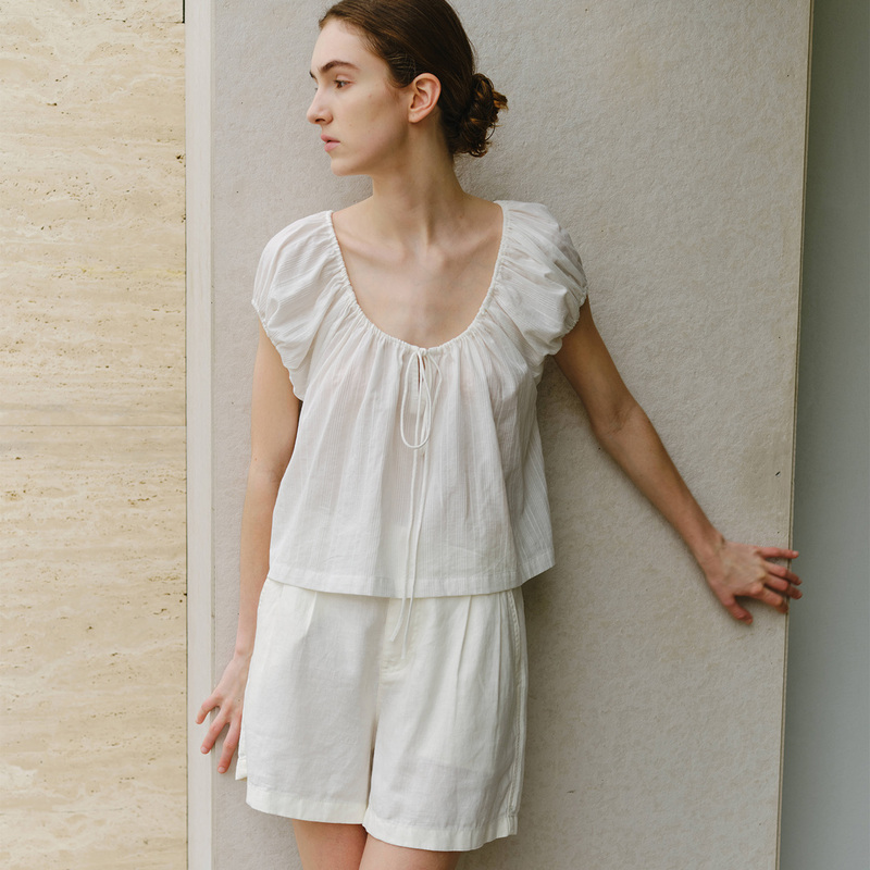 Sylene Jacquard Dark Pattern Cotton French Style Lazy and Relaxed Puff Sleeve Shirt with a Drawstring Neckline