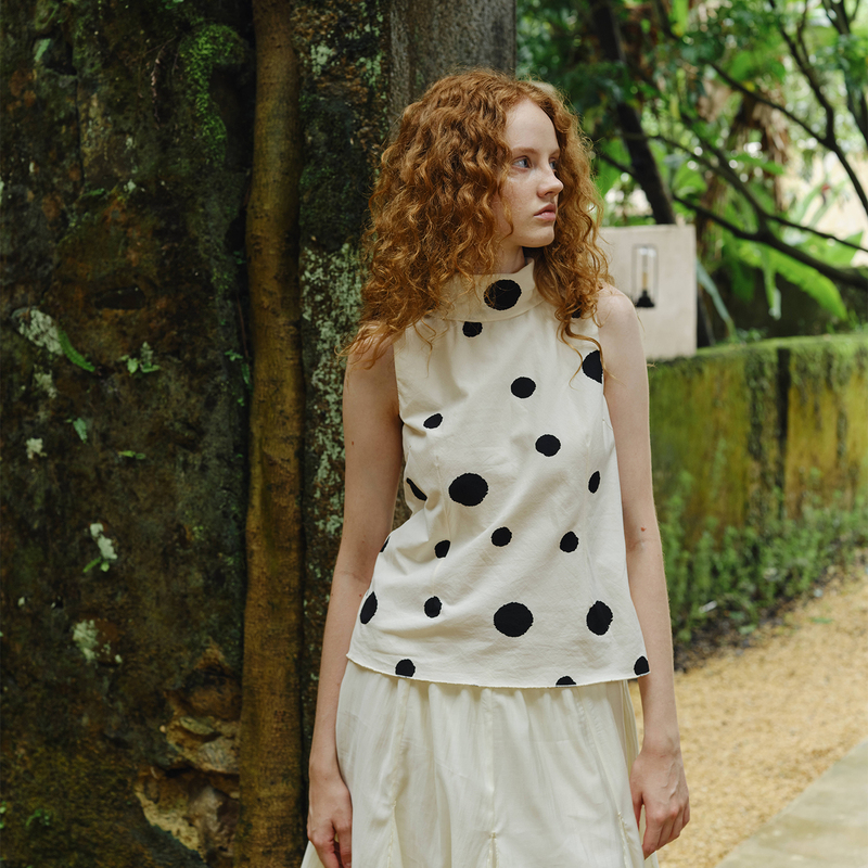Sylene 100% Cotton Fun Polka Dot Print Halter Neck Tie Sleeveless Top Shirt