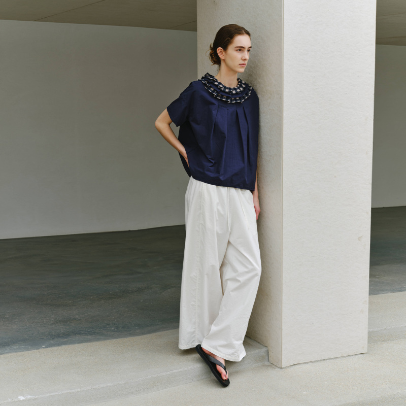 Sylene Cotton and Linen Hand-Pleated Shirt Top with Multi-Layered Lace Design Sylene Cotton and Linen Hand-Pleated Shirt Top with Multi-Layered Lace Design