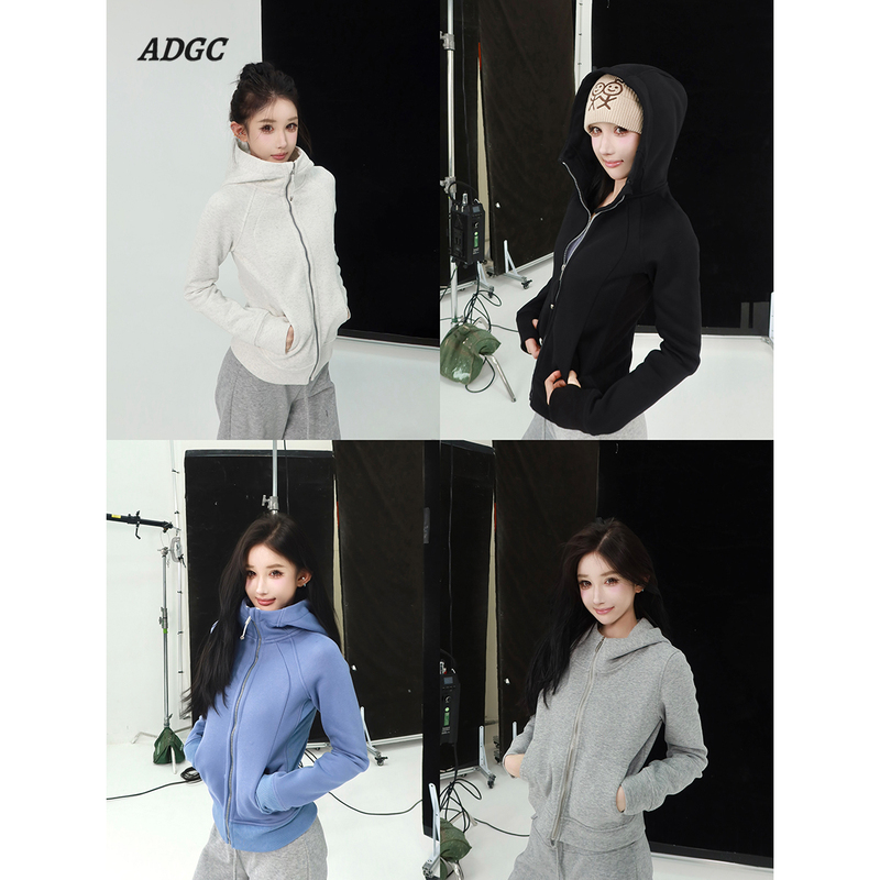 Adgc Korean Style Autumn and Winter Fleece-Lined Simple Slim-Fit Hooded Sweatshirt Casual Versatile Solid Color Cardigan Jacket for Women