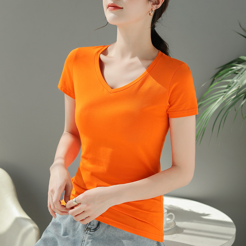 Dopamine Style Orange Pure Cotton Short-Sleeve V-Neck T-Shirt for Women, Summer Women's Clothing, Slim Fit Top, Slimming Shirt