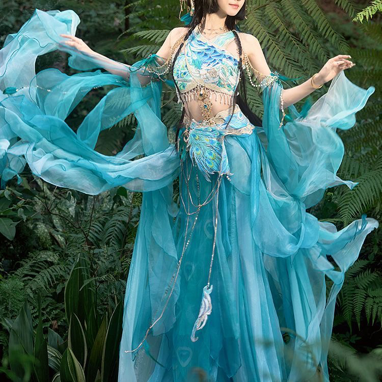 Original New Design [Peacock] Improved Hanfu for Women, Exotic Style, Spring and Summer, Western Style, Dunhuang Flying Fairy Embroidery Set