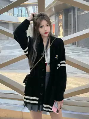 SRUINAW bee striped knit cardigan V-neck sweater National Tide brand men and women couples Street Academy style coat