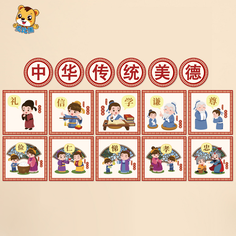 Kindergarten and Elementary School Corridor Wall Decoration Featuring Traditional Chinese Virtues: Courtesy, Respect, Learning, Frugality, Kindness, Brotherhood, Filial Piety, Loyalty Kindergarten and Elementary School Corridor Wall Decoration Featuring Traditional Chinese Virtues: Courtesy, Respect, Learning, Frugality, Kindness, Brotherhood, Filial Piety, Loyalty