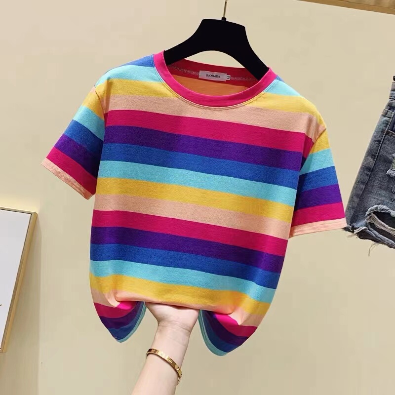 2026 Summer New Style Hyuna Style Rainbow Striped Short Sleeve T-Shirt for Women Korean Version Loose Round Neck ins Super Popular Top for Women