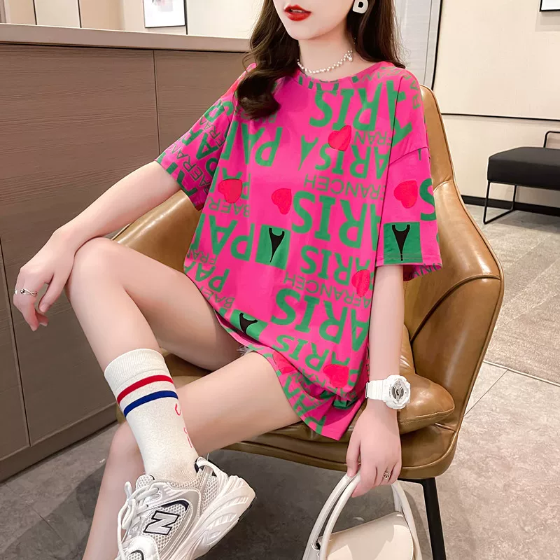 Летняя длинная футболка с рукавами 5/5, oversize, средняя длина