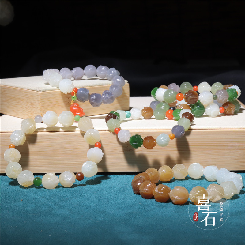 (Support re-examination)Xishi Xinjiang Hetian Jade Natural jade mountain material Multi-treasure lotus beads hand string hand chain hand decoration