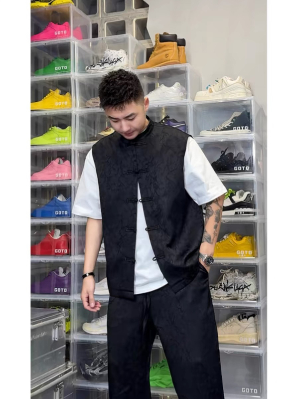 Trendy Fashion Tang Suit Vest Set for Men, New Summer Chinese Style Sleeveless Casual Vest and Long Pants Two-Piece Set