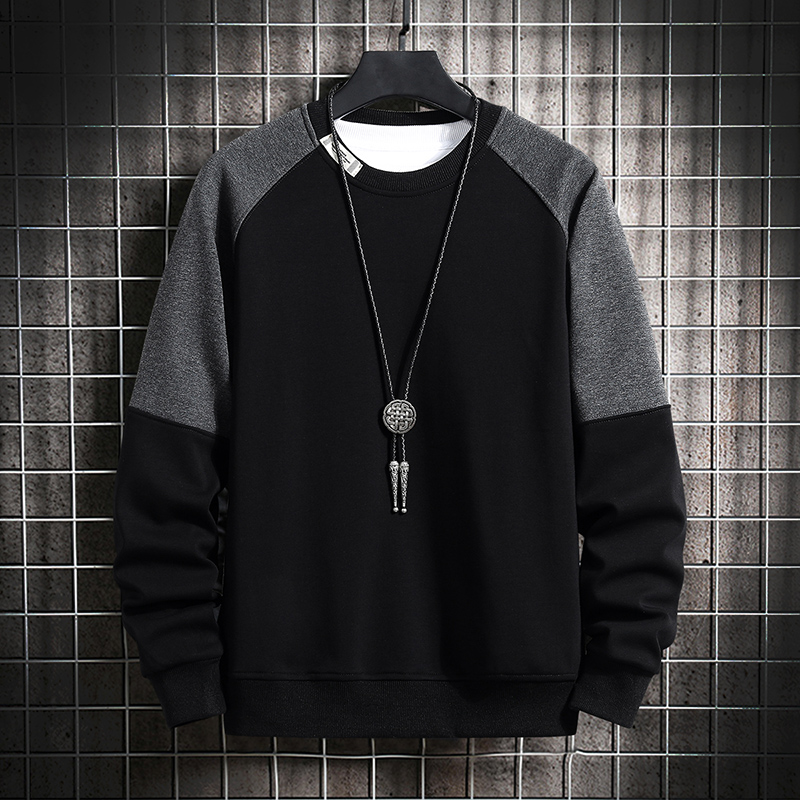 Sweater men splicing black spring and autumn models round neck loose large size pullover autumn autumn all-match long-sleeved t-shirt autumn clothes