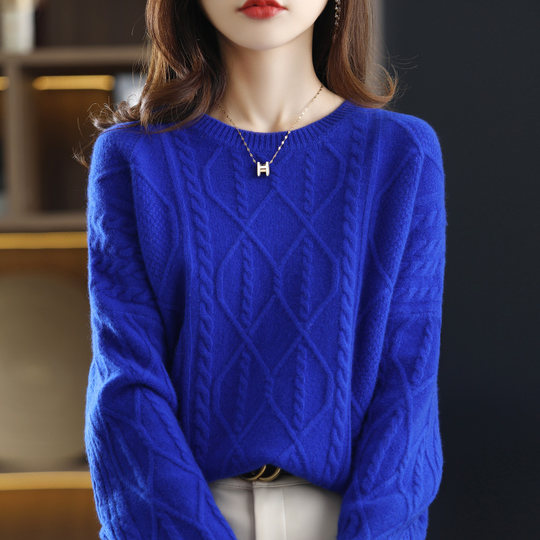 New autumn and winter cashmere sweater for women, round neck cable tie, loose thickened sweater, solid color pullover, pure woolen sweater