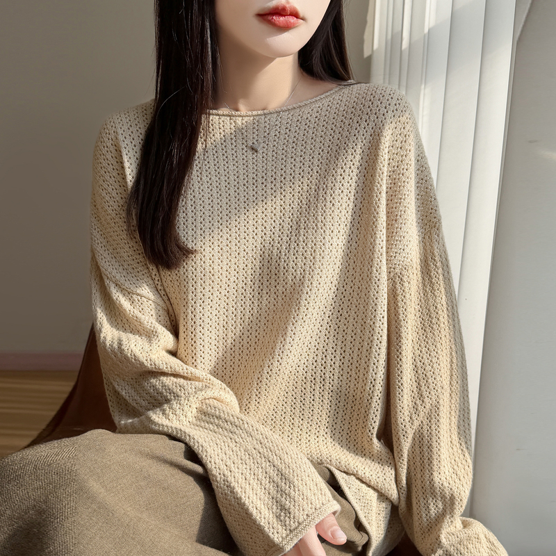 Hollow-Out Knit Sweater for Women, Off-Shoulder, Fine-Spun Wool, Loose Fit, Thin Style, Lazy Style, Rolled Edge, Long-Sleeve Pullover Top