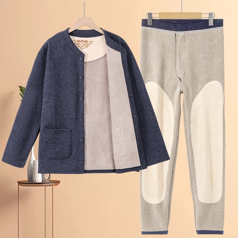 Elderly Men's Fleece-Lined Thermal Underwear Set, Thickened Front-Buttoned Cardigan for Dad, Large Size, Autumn and Winter Elderly Men's Fleece-Lined Thermal Underwear Set, Thickened Front-Buttoned Cardigan for Dad, Large Size, Autumn and Winter